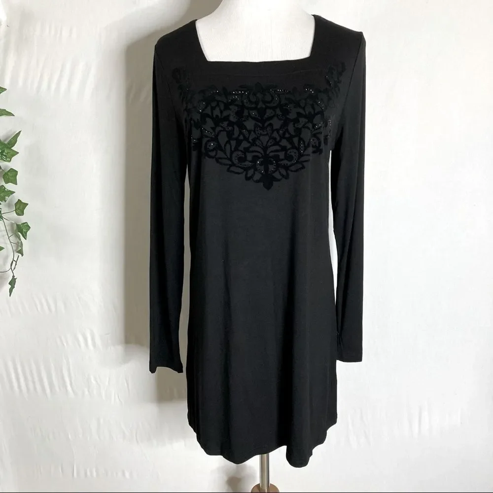 Gizel Black Rhinestone Velvet Design Tunic Medium Boutique